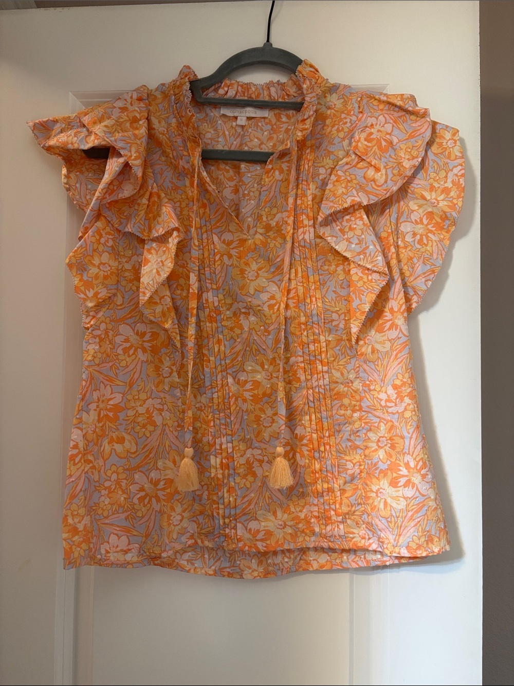 Olivaceous Orange Floral Ruffle Tie-Front Blouse